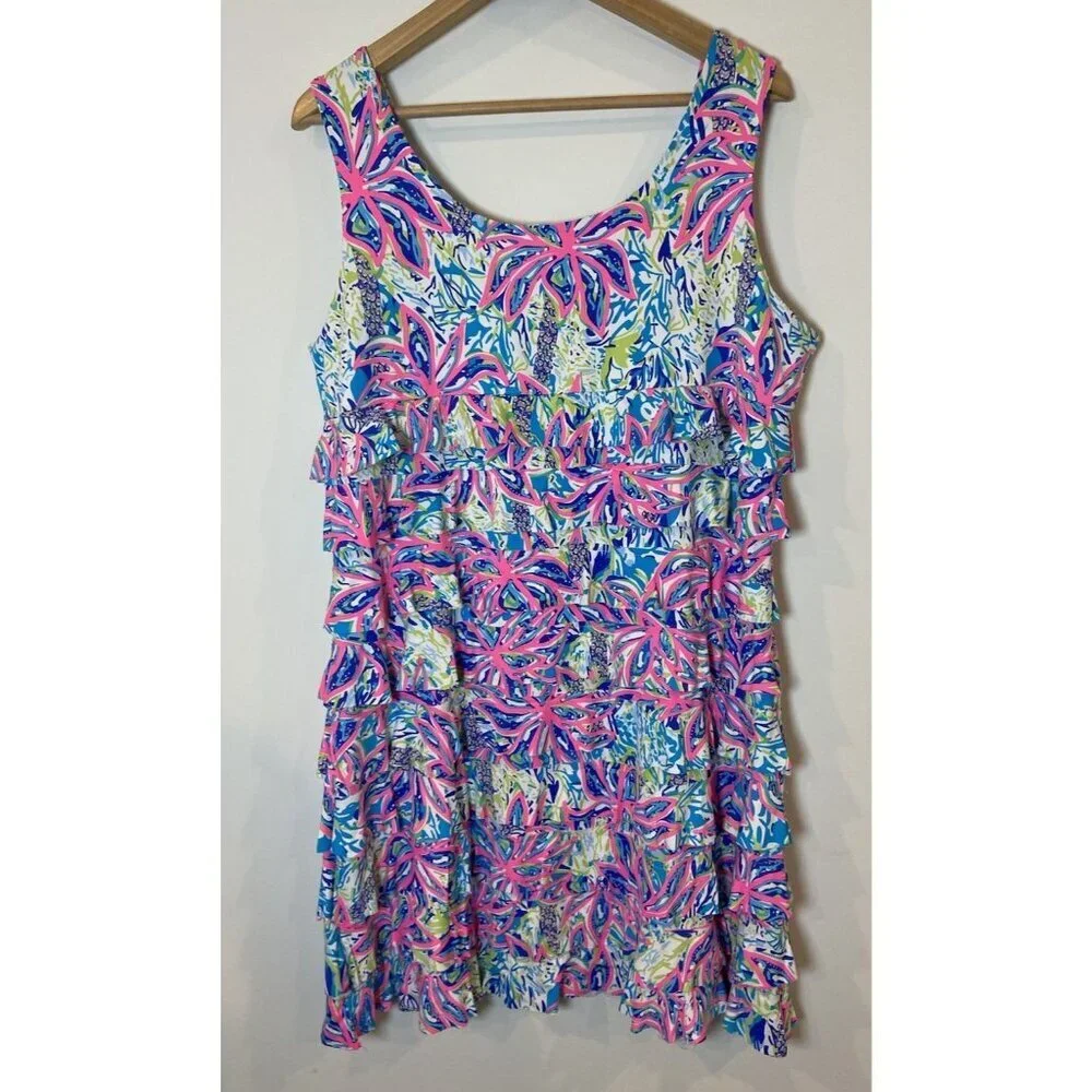 Lulu B Dress Sheath Stretch Ruffle Sleeveless Pink Blue Green XL